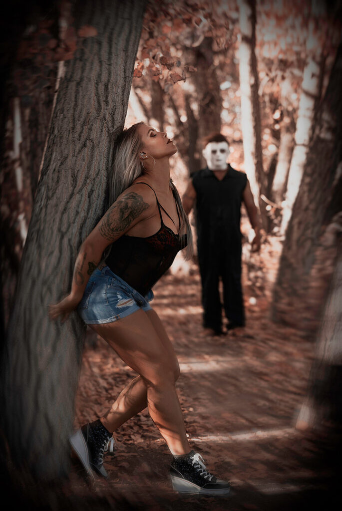 A couples engagement photo shoot with a Halloween and Mike Myers theme.